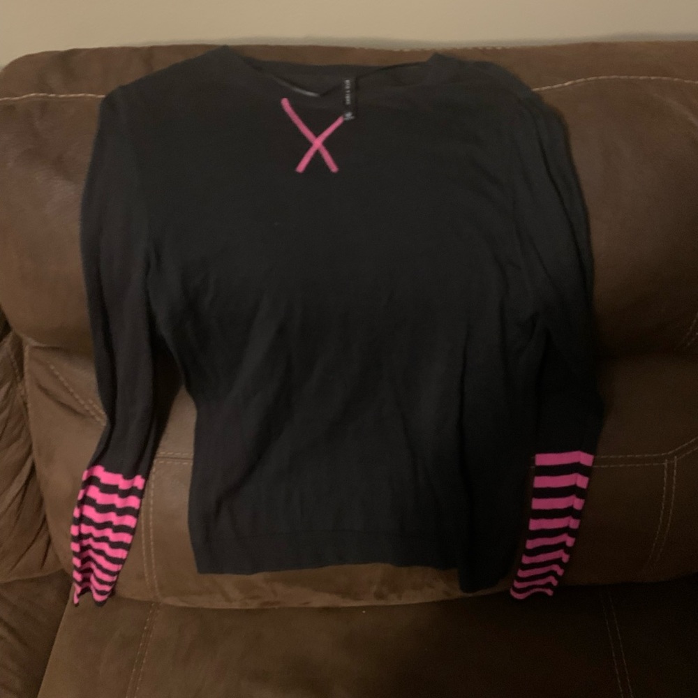 Eric + Lani Black Long Sleeve Tee w/ Pink Striped Cuffs